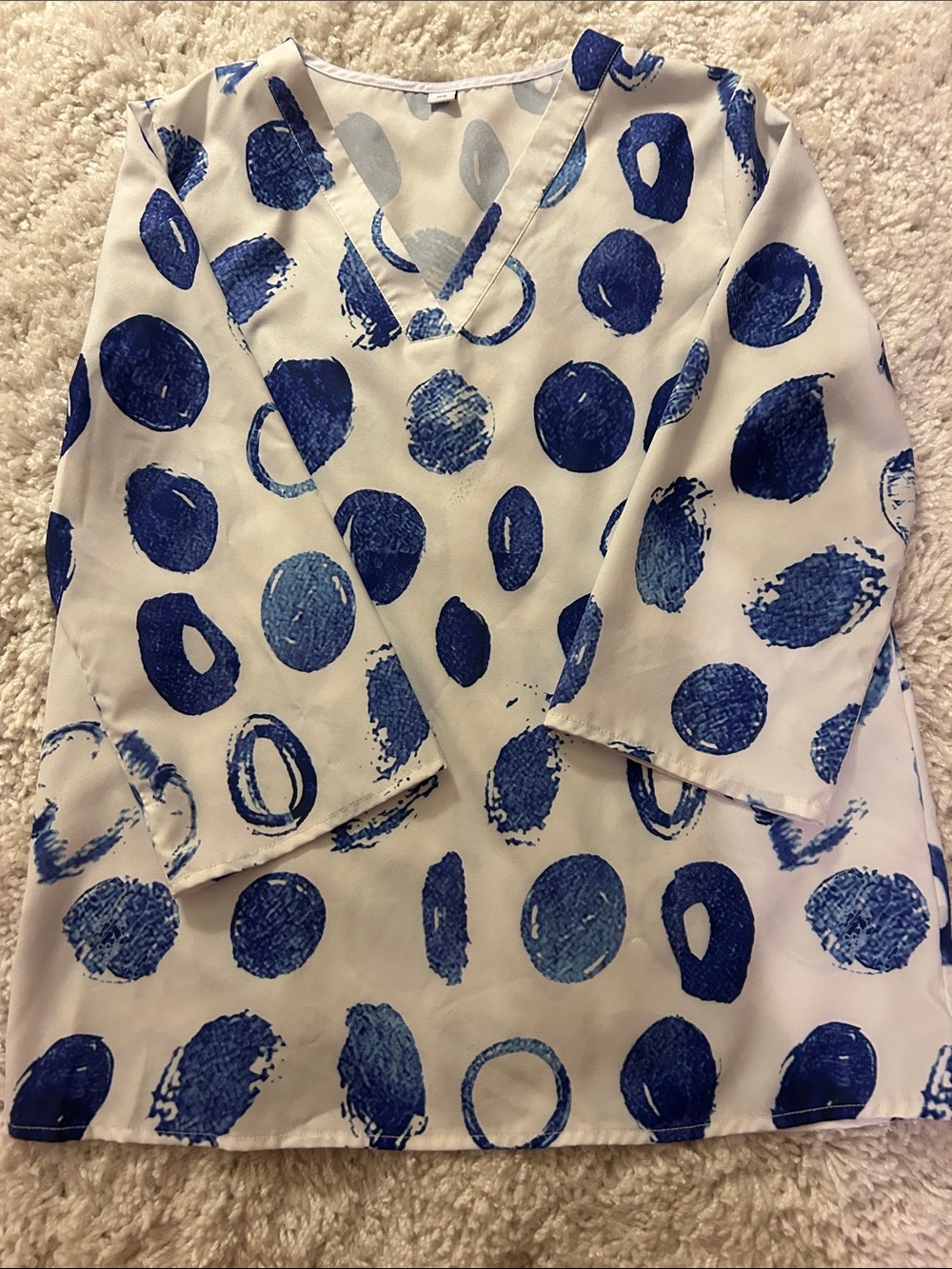 Girls White V-Neck Top with Blue Dot Print